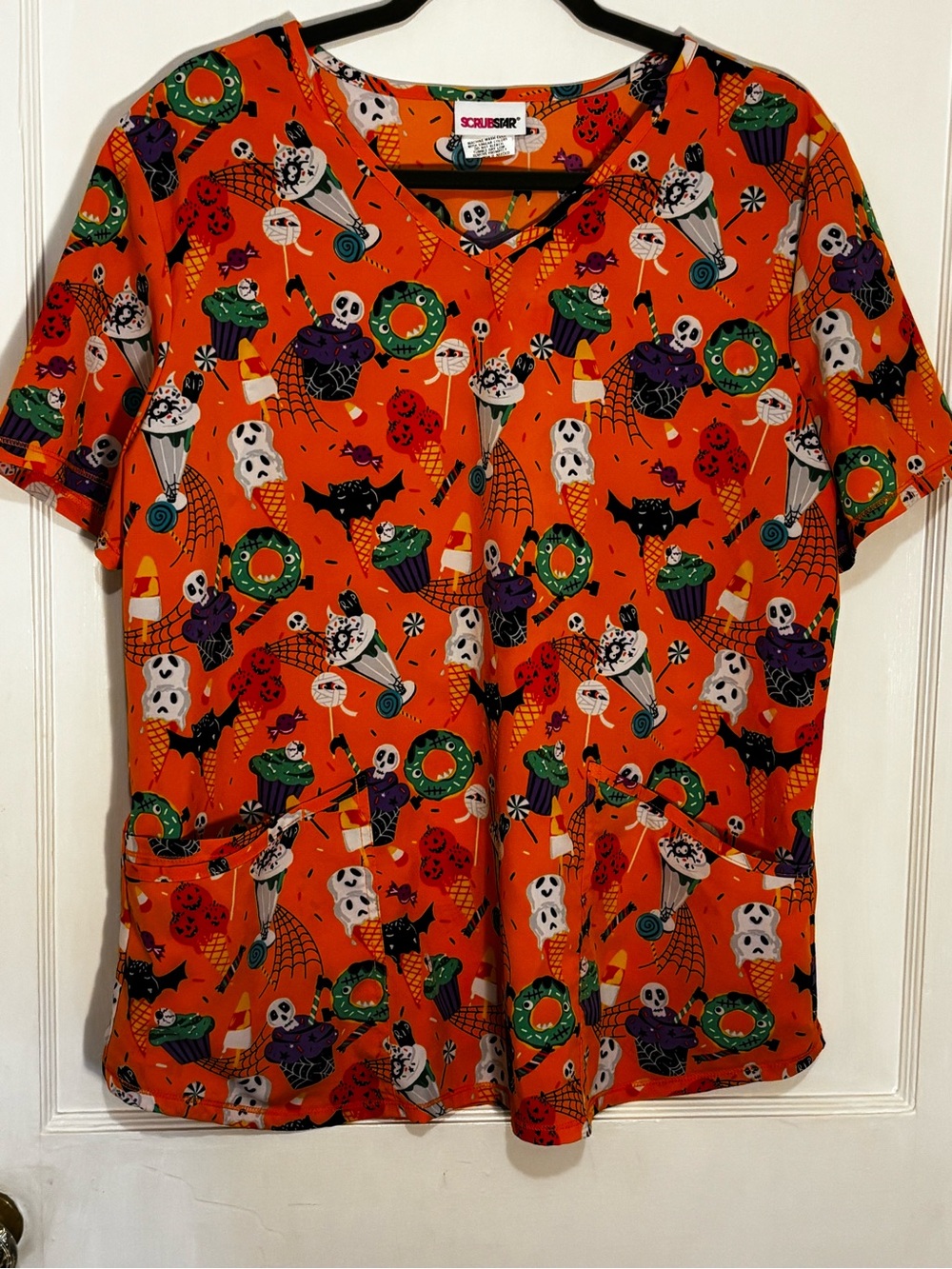 Scrubstar Orange Halloween Print Short Sleeve Scrub Top